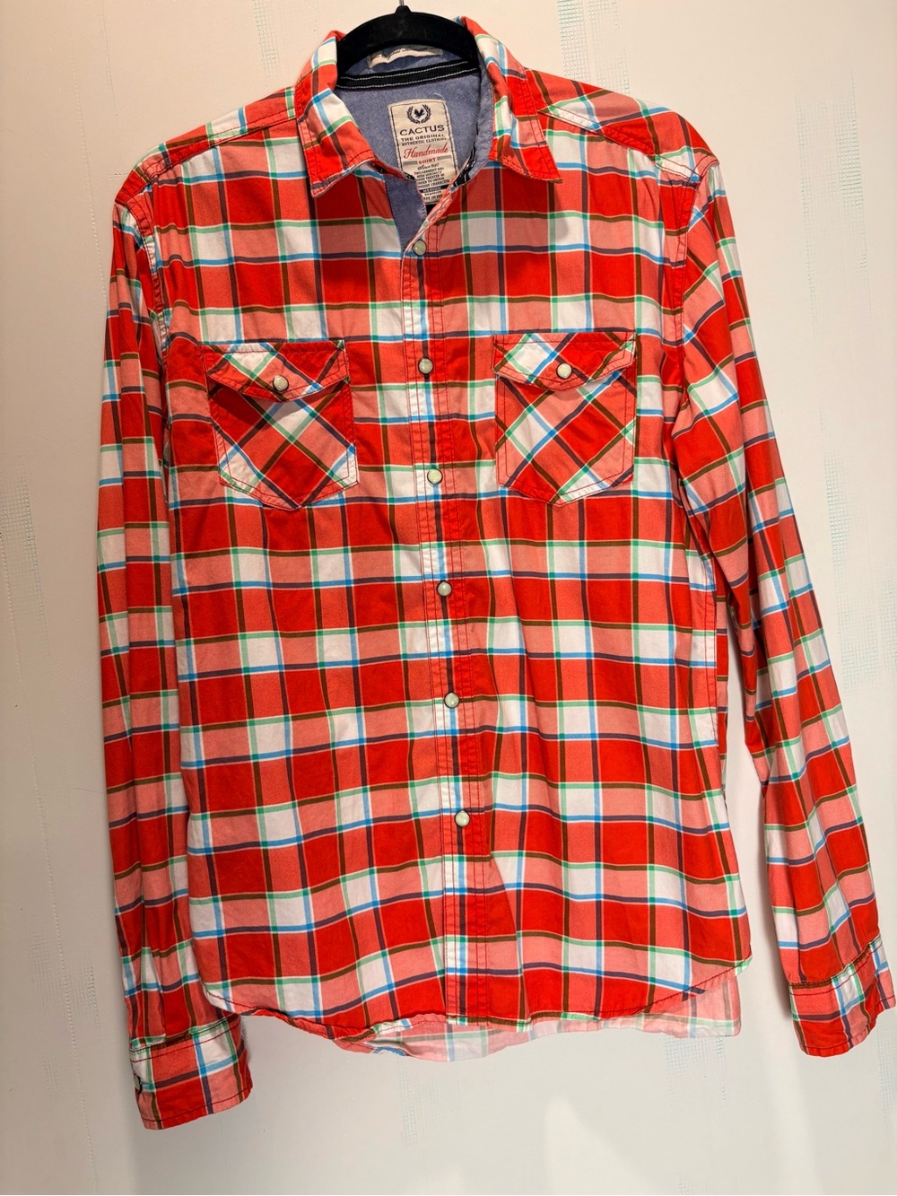 Cactus Handmade Western Red Plaid Cotton Pearl Snap Button-Up Shirt Mens Size M